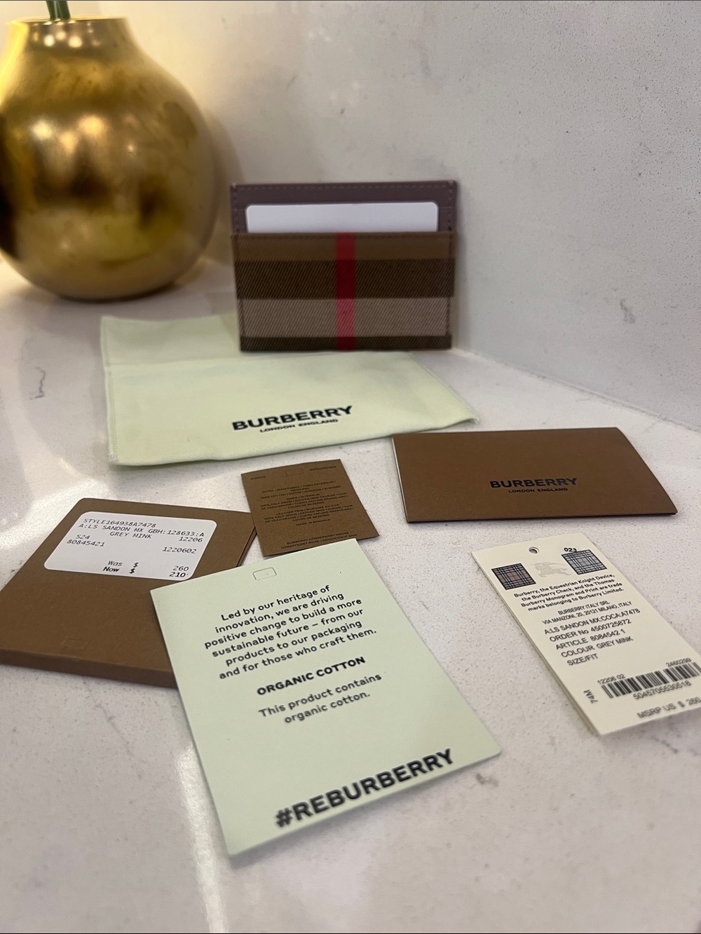 Burberry Tan Plaid Card Case with Red Accent. NWT